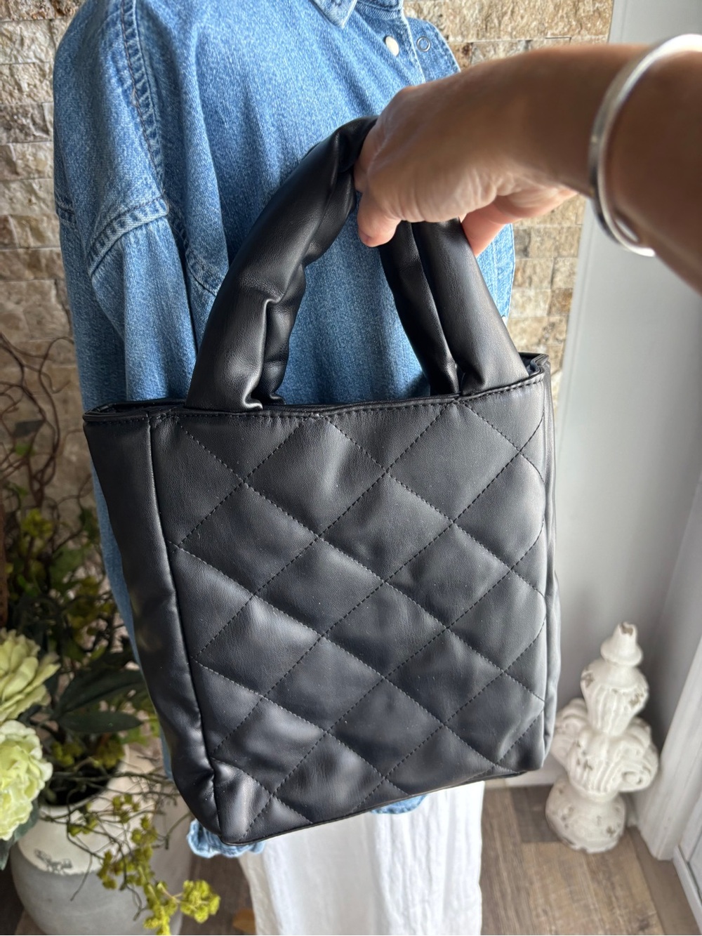 Quilted Black Tote with Padded Top Handles